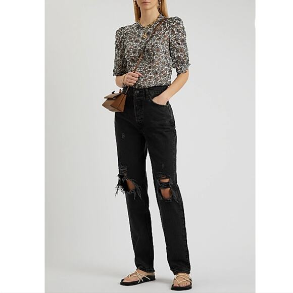 Free People Lasso Baggy Straight Jean 26 High Rise Distressed Black Denim - Picture 1 of 12